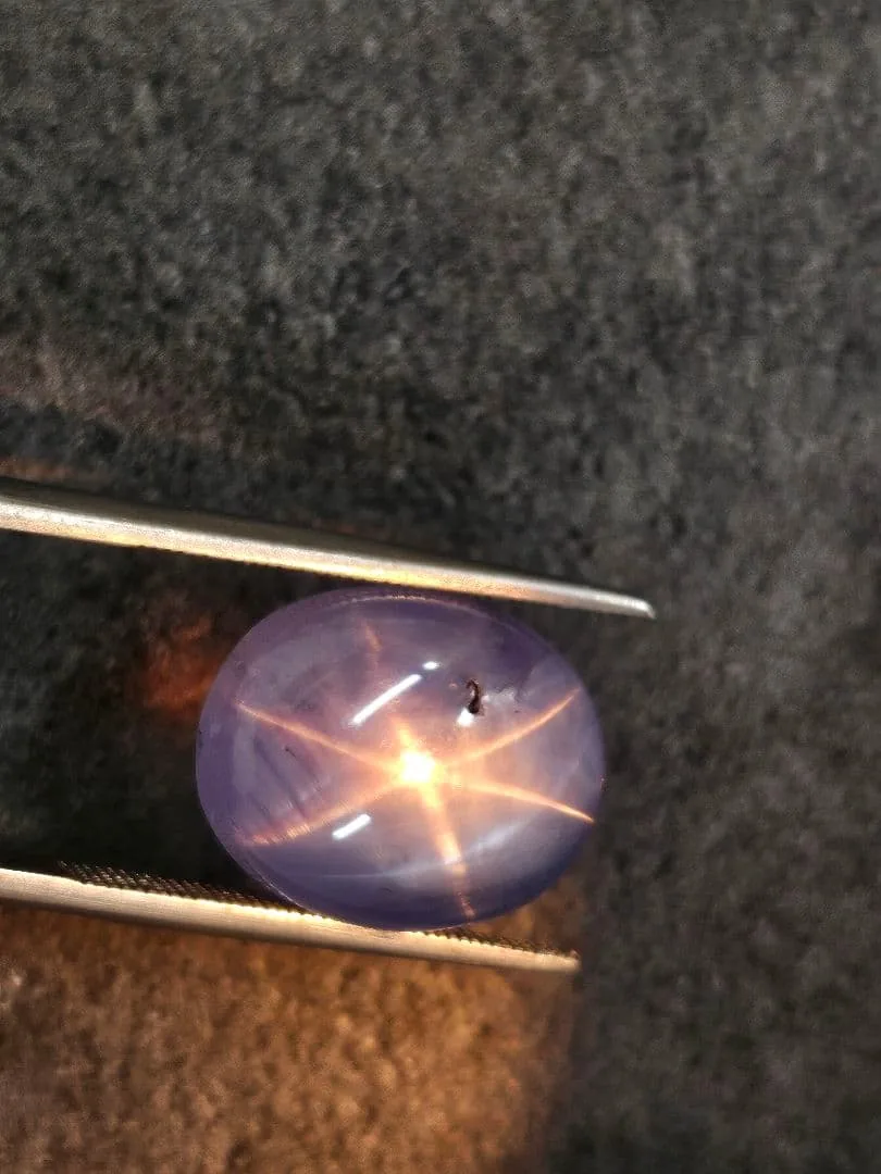ピンセットで光にかざした天然スターサファイア 9.589ct
